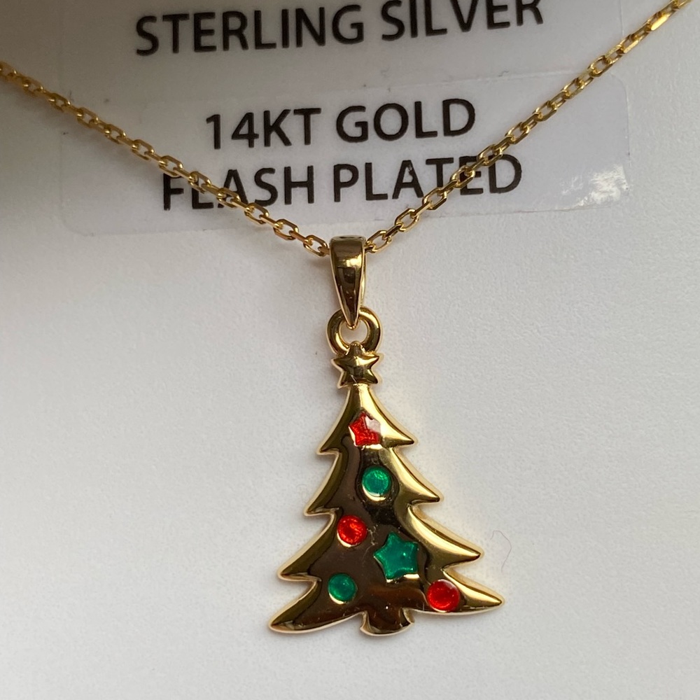 Sterling Silver 14kt Gold Plated Christmas Tree Neckclace.